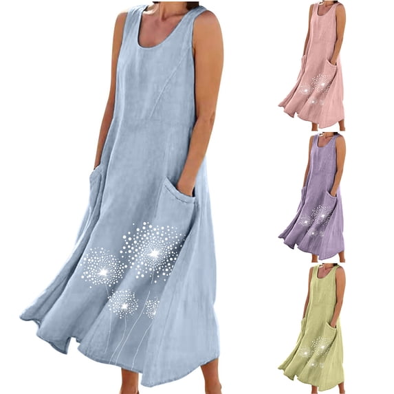 Sentmoon Linen Maxi Dress Crew Neck Sleeveless Sun Dress Plus Size with Print Loose Fit Summer Party Dress Active Beach Vacation Essentials for Beach and Lounging L