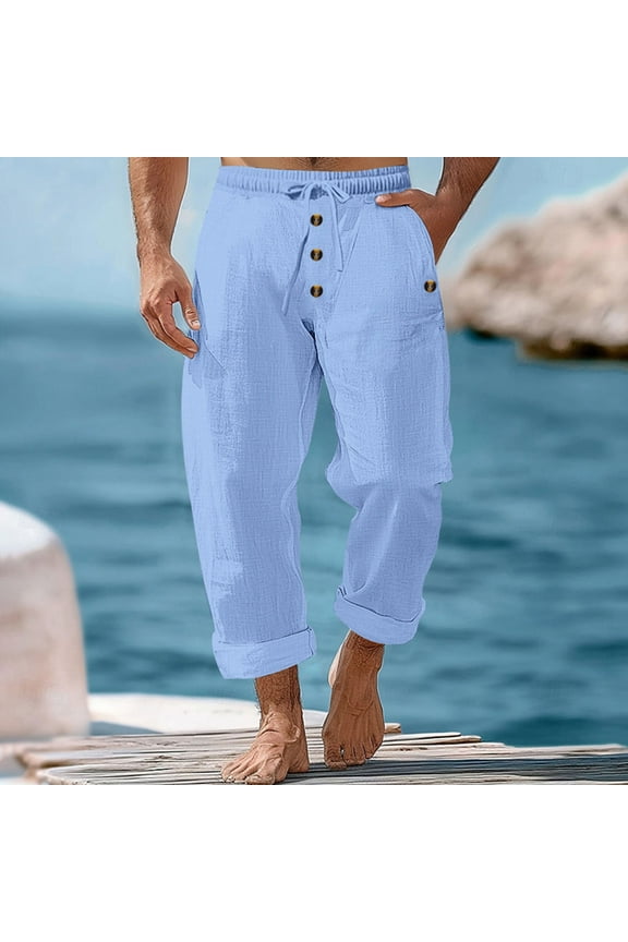 Linen Pants Men Elastic High Waist Drawstring Loose Fit Sweatpants with Pockets Rolled Hem Button Solid Color Lightweight Beach Pants Soft and Comfortable Male for Leisure Wear Light Blue S
