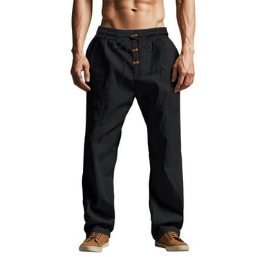 Sentmoon Linen Pants for Men Elastic High Waist Drawstring Loose Fit Wide Leg Sweatpants Pockets Button Solid Color Lightweight Baggy Trousers Stylish Male for Summer Sports Wear Black XXXL