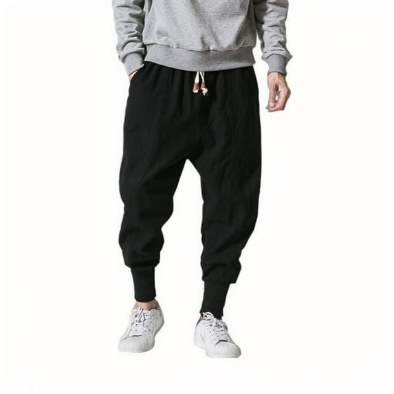 Sentmoon Linen Pants for Men Elastic High Waist Drawstring Loose Fit Wide Leg Sweatpants Pockets Elastic Hem Solid Color Breathable Fabric Workout Pants Vacation Boys for Casual Hangouts Black XXXL