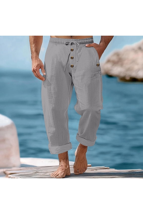 Linen Pants for Men Elastic Waist Drawstring Loose Fit Sweatpants with Pockets Rolled Hem Button Solid Color Lightweight Baggy Trousers Trendy Man for Summer Sports Practice Gray S