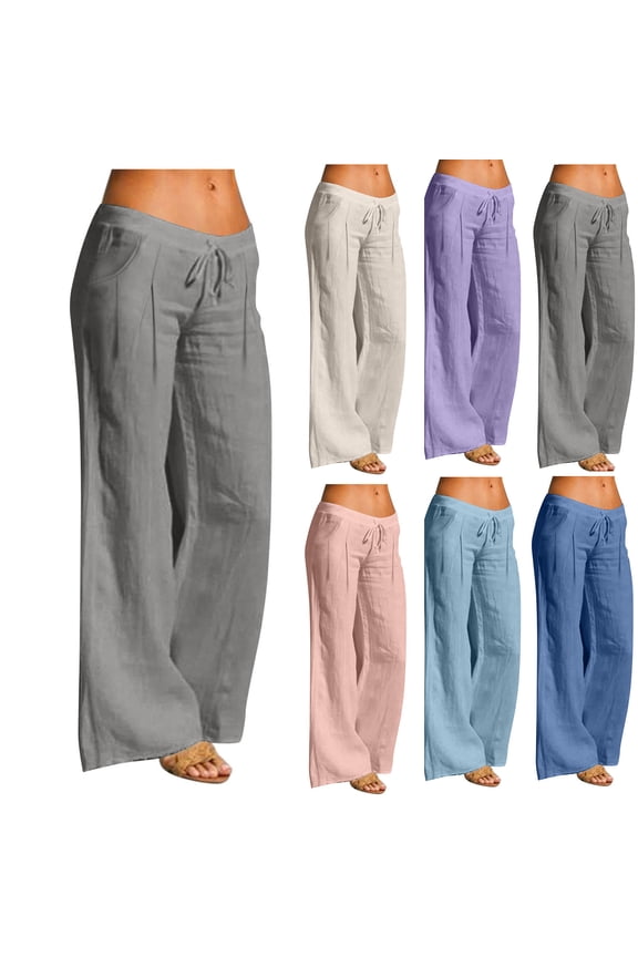 Linen Pants Solid Color Drawstring High Waist Light Weight Pants for Women Summer Plus Size Loose Fit Work Pants Women with Pocket Beach Essentials for Family for Work and Office