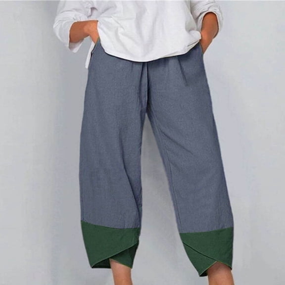 Sentmoon Linen Pants Women High Waist Summer Baggy Trouser Straight Fit Wide Leg Pockets Color Block Quick Dry Palazzo Pants Delightful Women for Traveling or Casual Hangouts Navy L