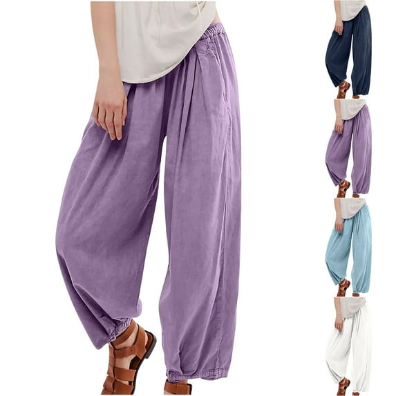 Sentmoon Linen Pants for Women Plus Size High Waist Straight Leg Sweatpants Loose Solid Color Stretchy Wide Leg Sweatpants Summer Streetwear for Tropical Vacation XL