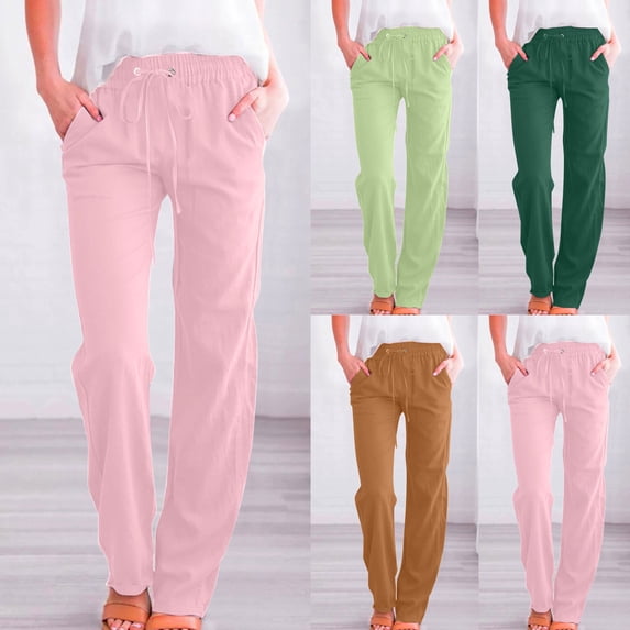 Sentmoon Linen Pants Women Solid Color Drawstring High Elastic Waist Womens Trouser Pants Plus Size Loose Fit Straight Leg Womens Casual Pants Beach Accessories for Summer and Hot Weather