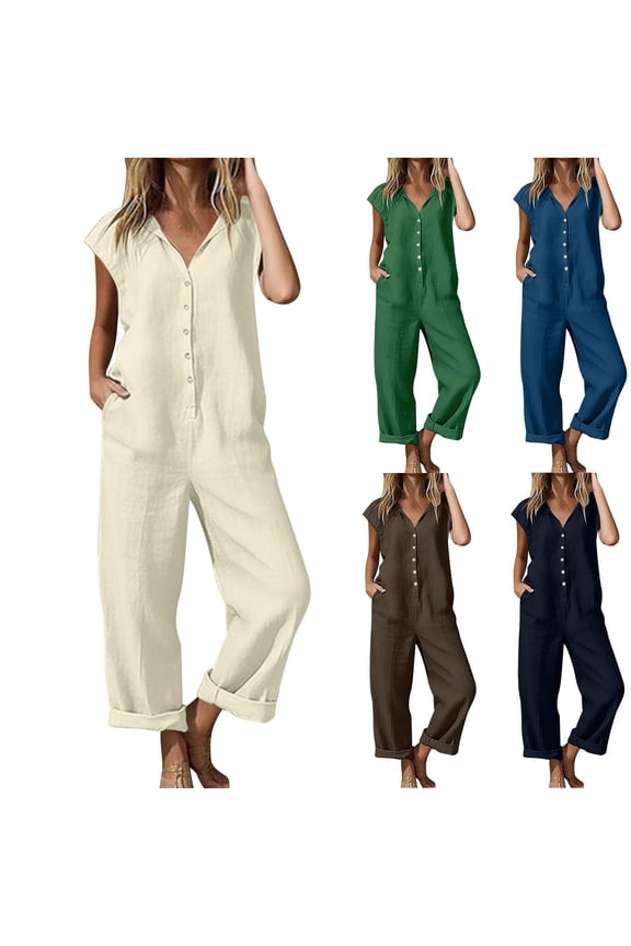 Linen Rompers Women Sleeveless Wide Leg Overalls for Women Solid Color Button Down Regular Fit Womens Outfits Summer for Lounge and Relax S-2XL