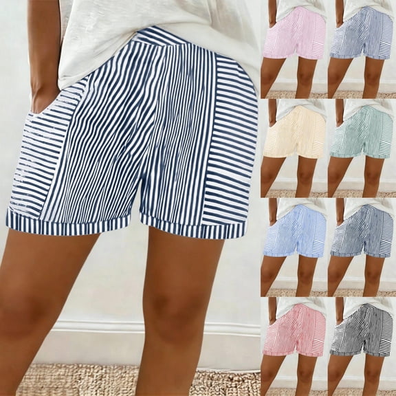 Sentmoon Linen Shorts Women High Waist Long Shorts for Women Breathable Striped Print Regular Fit Swim Shorts Women with Pockets Active for Teen Girls Summer and Trip S-2XL