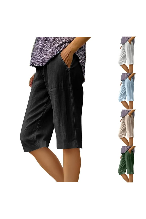 Linen Shorts Women with Pockets Solid Color Summer Sports Shorts for Women High Waist Loose Fit Plus Size Womens Athletic Shorts Hawaiian for Hot Weather and Vacation White M