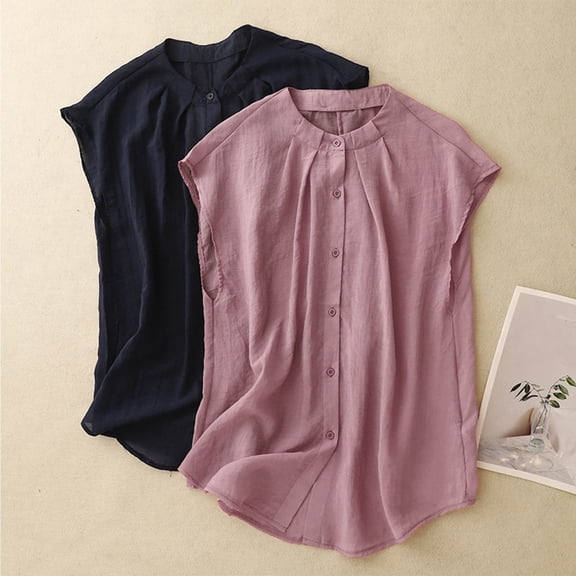 Sentmoon Linen Tops for Women Oversized Crew Neck Loose Women's Blouses Breathable Solid Color Sleeveless Summer Shirts Fashion for City Sightseeing M