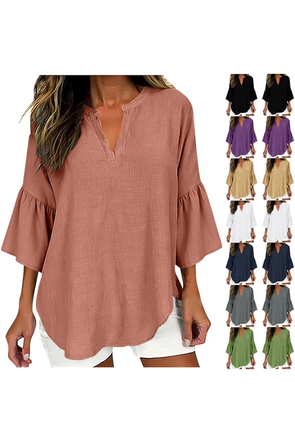 Linen Tops for Women Womens Blouse Women's Fashion Spring and Summer Linen Solid Color V Neck Quarter 3/4 Lace Ruffle Sleeve Shirt Top Streetwear for Lounge & Sleep S