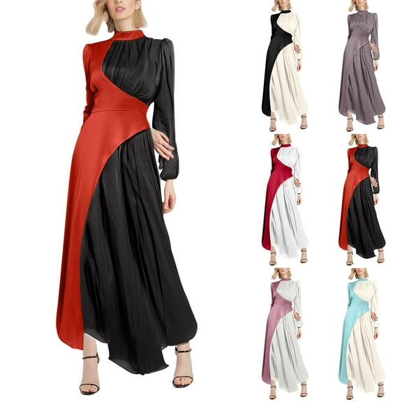Sentmoon Long Fall Dress Crew Neck Birthday Dresses for Women Color Block Slim Stretchy Plus Size Long Sleeve Dresses Soft and Comfortable for Casual Winter Stroll M