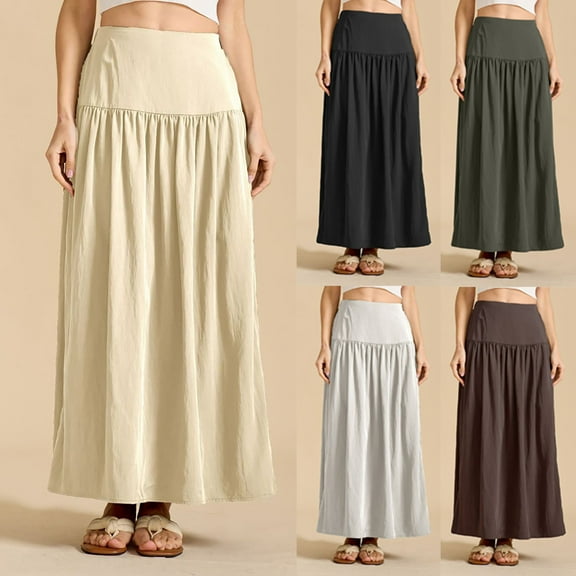 Sentmoon Long Skirt Plus Size Elastic High Waist Boho Women Skirt with Pockets Flowy Pleated Beach Solid Color Loose Breathable Womens Skirts Fall Active Winter for Weekend Brunch S