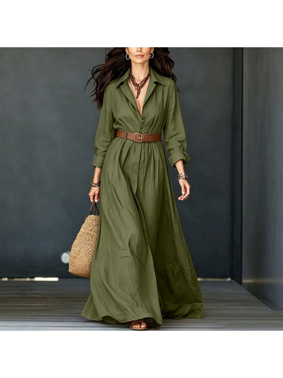 Long Sleeve Dresses for Women Collared Tshirt Dress Button Down Relaxed Fit Casual Plus Size Mini Dress for Daily and Commute