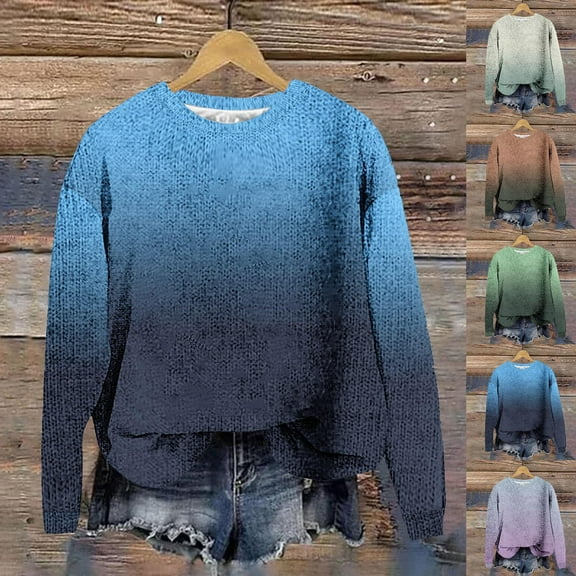 Sentmoon Long Sleeve Tops Round Neck Gradient Color Women's Clothing Oversized Breathable Loose Women's Fashion Comfy Fall and Winter for Weekend Brunch Outfit XXL