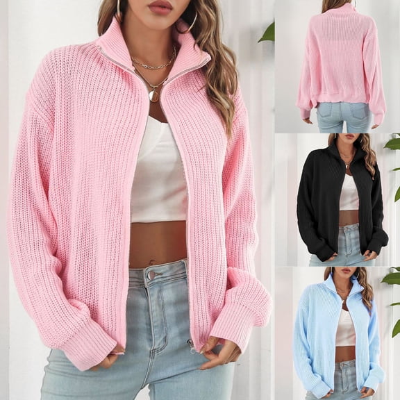 Sentmoon Long Sleeve Tops Womens Sweaters Plus Size Solid Color Loose Breathable Zippered Blouses Streetwear Fall and Winter for Work, Office, and Business Casual L