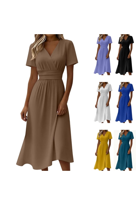 Long Summer Dresses for Women Womans Dresses Regular Fit 2026 Solid Color Conservative Dress for Daily and Commute S-3XL
