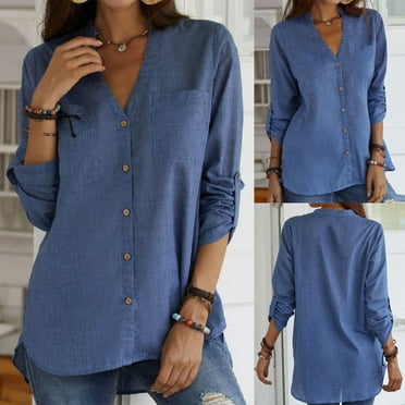 Sentmoon Loose Denim Jacket for Women V Neck Oversized Coats for Women,Solid Color Casual Fashion Womens Fashion Loose Fit Coats Blue M Up to 40% Off