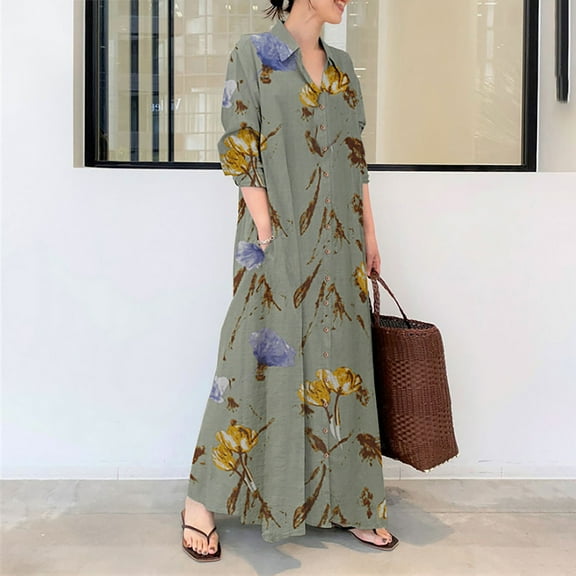 Sentmoon Loose Fit Tshirt Dress Women Long Sleeve Lapel Holiday Dresses for Women Casual Fashion Cotton Linen Maxi Dresses,Fit & Flare Stylish Womens Fashion Blue S Fall Saving