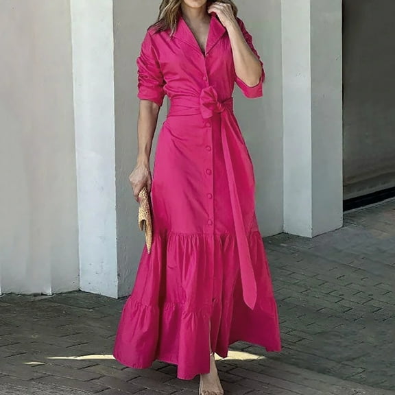 Sentmoon Loose Fit Womens Dresses Long Sleeve V Neck Fall Dresses for Women 2024 Pocket Fashion Solid Color Short Dresses,OverSized Casual Women Clothing Hot Pink XL