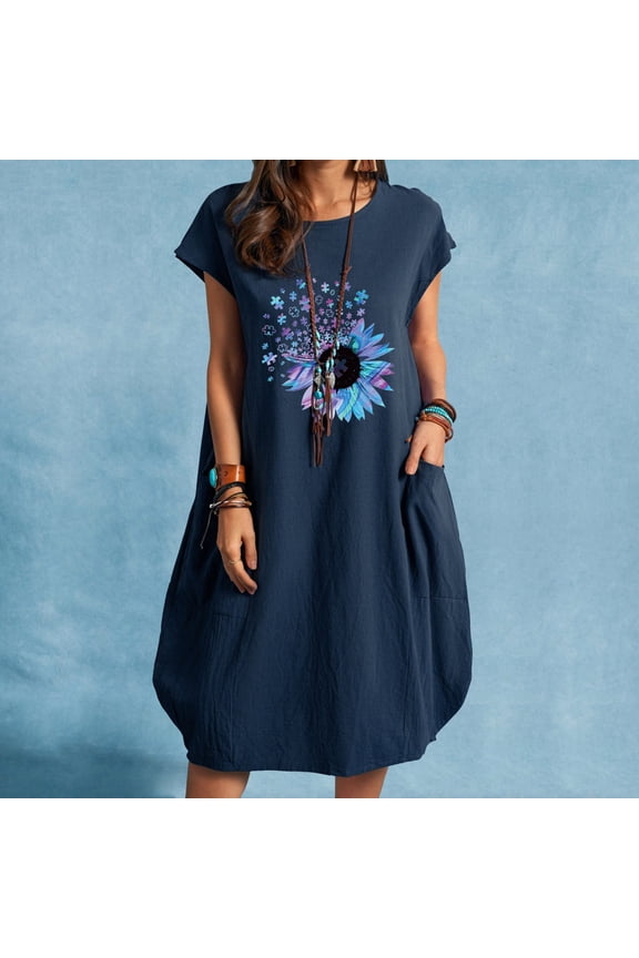 Loose Fit Womens Dresses Short Sleeve Crew Neck Dresses for Women Casual Pocket Cotton Linen Print Short Dresses,Fit & Flare Comfy Women Clothing Navy S
