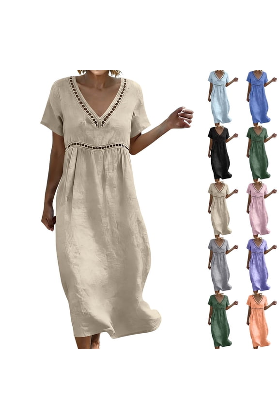 Lounge Dress Plus Size Summer Dresses 2026 Short Sleeve V Neck Lace Loose Fit Maxi Dress Summer for Date Night and Dinner S-3XL