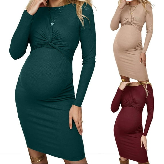 Sentmoon Maternity Clothes Plus Size Long Sleeve Summer Dresses for Women 2025 Crew Neck Solid Color Slim Knitted Beach Dresses Streetwear for Weekend Outings Beige XXL