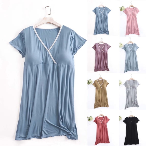 Sentmoon Maternity Clothes Plus Size Short Sleeve Nursing Dresses for Women V Neck Solid Color Loose Breathable Spring Dress Stylish for Weekend Outings Gray XXL