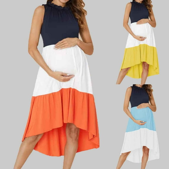 Sentmoon Maternity Shoot Dress Regular Fit Sleeveless Crew Neck 2026 Summer Sun Dresses Women Color Block Flowy Dress Active for Going Out and Party Orange M