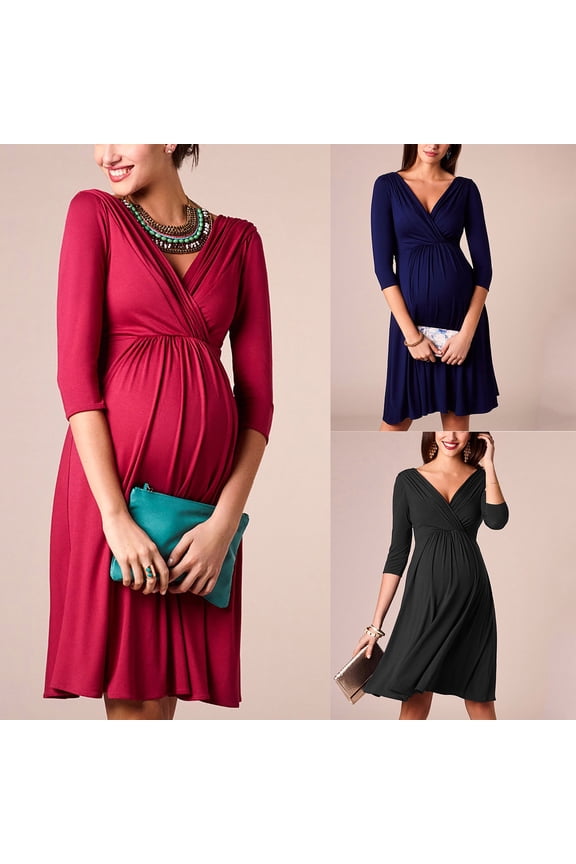 Maternity Maxi Dress Short Sleeve Breathable Maxi Dresses Summer 2026 Vacation Regular Fit V Neck Womens Spring Dresses for Work and Weekend S