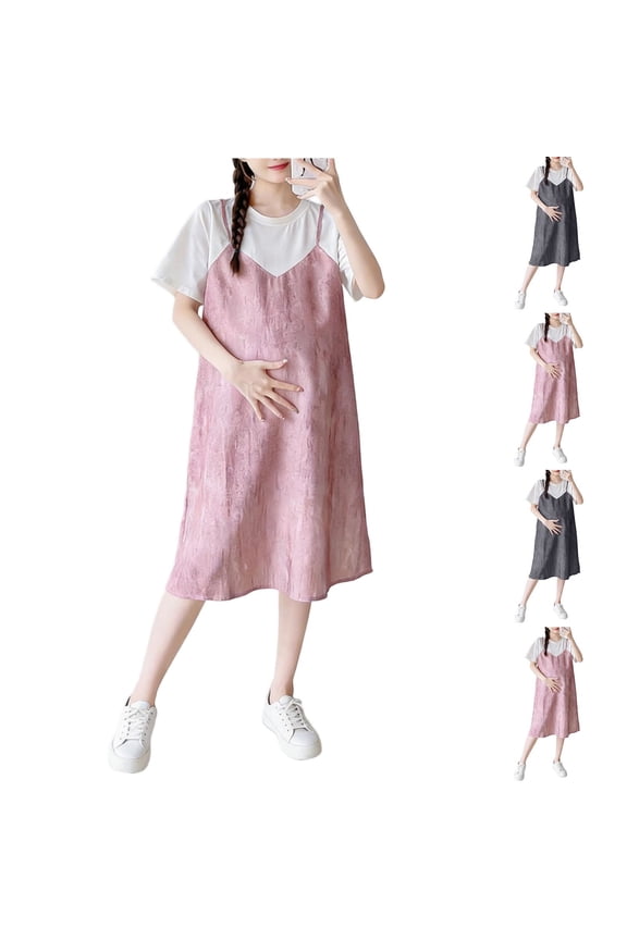 Maternity Shoot Dress Crew Neck Solid Color Cute Dresses for Women Short Sleeve Loose Fit Summer Holiday Long Dresses for Summer and Hot Weather Gray XL