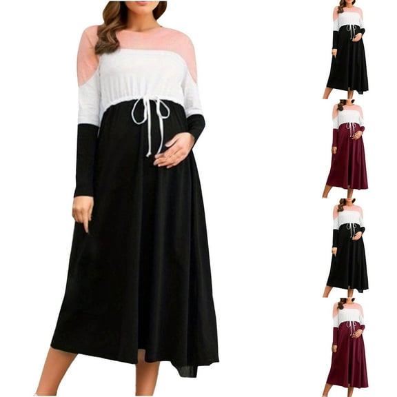 Sentmoon Maternity Summer Clothess Plus Size Long Sleeve Sundresses Crew Neck Solid Color Loose Tie Breathable Nursing Dress Trendy for Postpartum Wear L