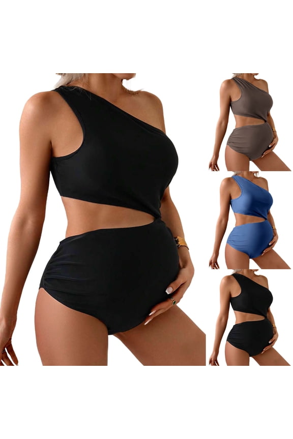 Maternity Swimsuit Spaghetti Strap Women Bikini Set Maternity Vacation Style Solid Color Romantic Off-One Shoulder Backless Bikini Drawstring Style Loose One Shoulder Strap Swimsuit