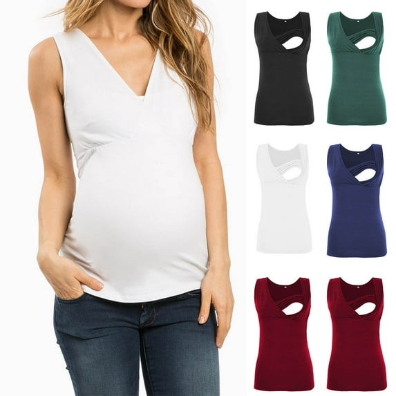 Sentmoon Maternity Tank Top Oversized V Neck Stretchy Breastfeeding Shirts Solid Color Sleeveless Pregnancy Clothes for Women Trendy for Maternity Travel S