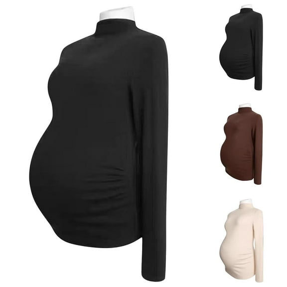 Sentmoon Maternity Tshirt Oversized High Neck Stretchy Nursing Tops Solid Color Long Sleeve Pregnancy Clothes Stylish for Work-Appropriate Coffee XL