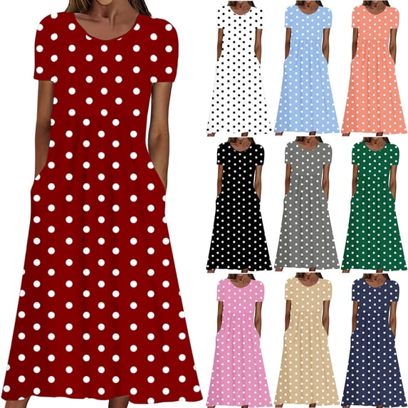 Sentmoon Maxi Dress Plus Size V Neck Polka Dots Print Womens Dresses Short Sleeve Regular Fit Stretchy Basic Beach Vacation Essentials Sun Dresses Women for Work and Office Beige XXL