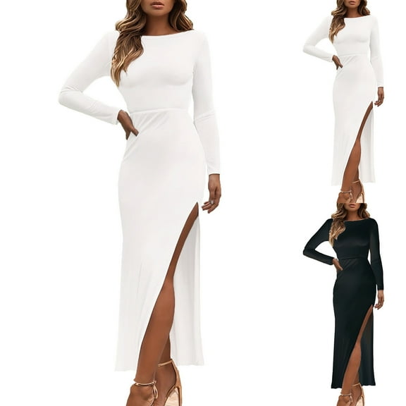 Sentmoon Maxi Fall Dresses Long Sleeve Crew Neck Birthday Dress Solid Color Loose Split Stretchy Plus Size Cocktail Dresses for Women Trendy for Winter Business Travel M