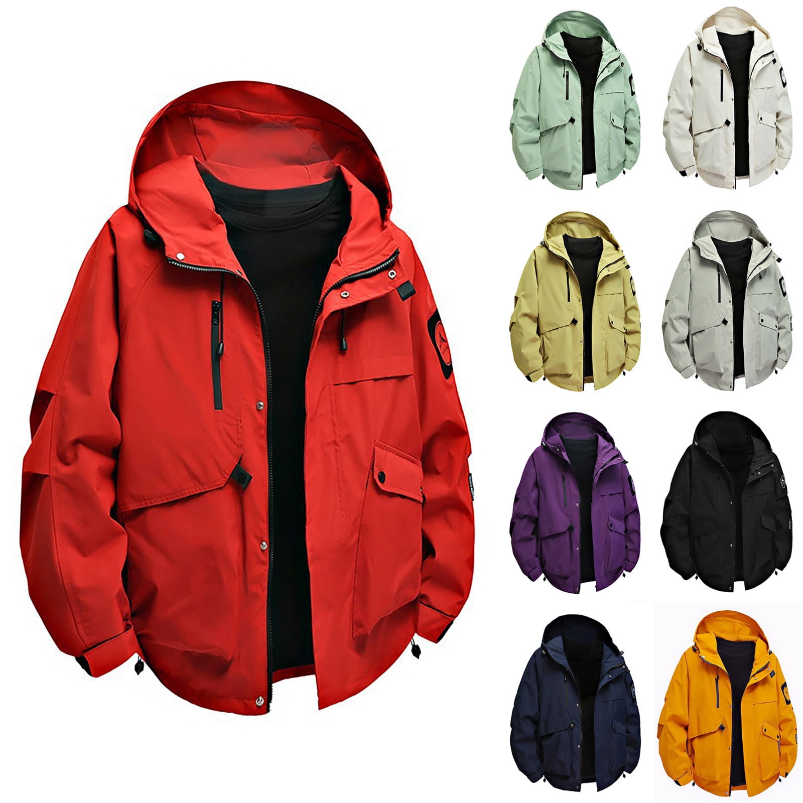 Sentmoon Men Jackets Solid Color Long Sleeve Coats Oversized Zipper Windbreaker Waterproof Men Hoodie with Pockets Fall and Winter Casual for Festival Camping and Outdoor Gray M