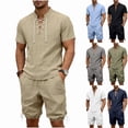 thumbnail image 1 of Sentmoon Men Short Sets Outfits Mens Shirt and Mens Shortd Stand Collar Top and Pocket Shorts Elastic Waist Solid Color Short Sleeve Loose Fit Casual Travel Lounge Wear S-3XL, 1 of 10