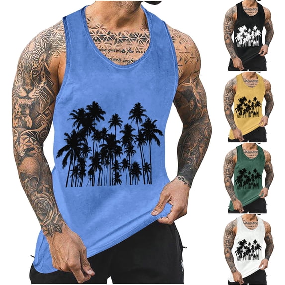 Sentmoon Men Tank Tops Summer Sleeveless Crew Neck Men Undershirts Palm Leaves Print Relaxed Fit Oversized Muscle Mens Vest Hawaii for Casual Streetwear White M