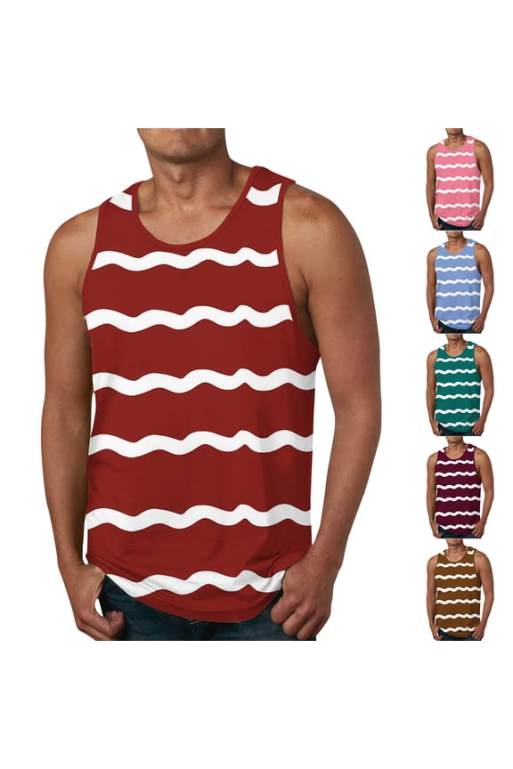 Men Tank Tops Summer Sleeveless Crew Neck Mens Workout Shirts Striped Print Loose Fit Plus Size Workout Mens Gym Shirts Holiday for Running in Hot Weather Red M