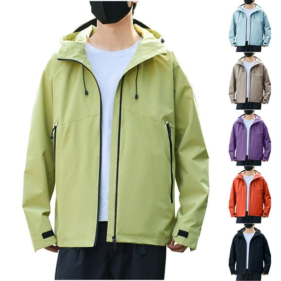 Sentmoon Men Winter Jacket Solid Color Long Sleeve Hooded Neck Coat Plus Size Zipper Windbreaker Waterproof Mens Clothing Fall Comfy for Travel and Hiking L