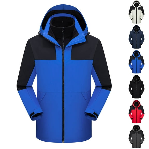 Sentmoon Men's Jacket Color Block Long Sleeve Drawstring Hooded Neck Men Coat Plus Size Zipper Windbreaker Waterproof Men's Fall Clothes Winter Fashion for Commuting and Bike Riding