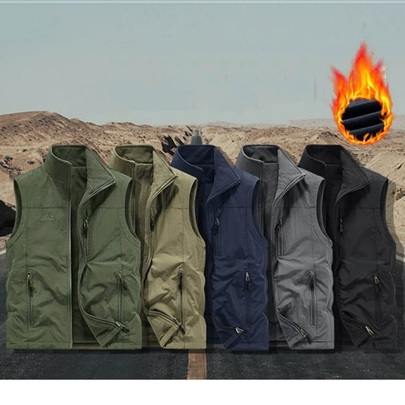 Sentmoon Men's Outerwear Vests Trendy Clothes Men's Solid Color Outdoor Multi Pocket Stand Up Collar Casual Plus Velvet Top Fun Gifts for Women for Travel and Packable Convenience XXL