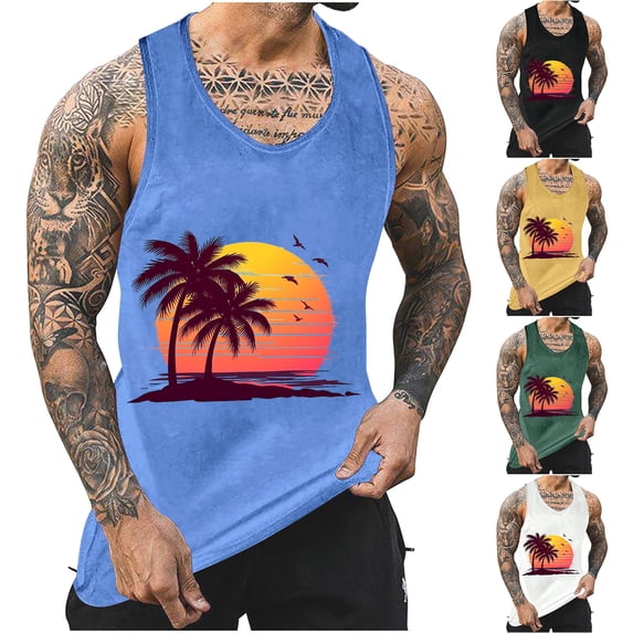 Sentmoon Men's Tank Tops Summer Sleeveless Crew Neck Workout Clothes Tropical Print Loose Fit Plus Size Running Shirts Hawaiian for Summer Beach Days Green S
