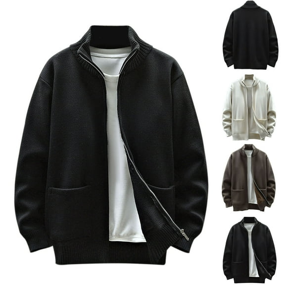 Sentmoon Men's Winter Jackets Plus Size Loose Long Sleeve Fall Outfits Crew Neck Knitted Solid Color Zippered Mens Black Sweater for Layering Under Jackets and Coats L