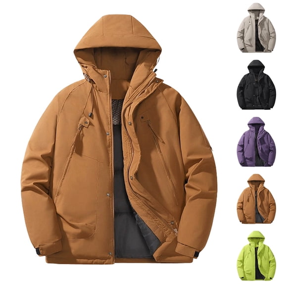 Sentmoon Mens Coat Winter Jacket Gifts for Couple Men's Solid Color Thick Long Sleeved Hooded Waterproof Jacket Fall and Winter for Holiday Gifts