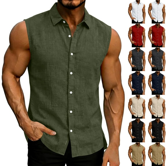 Sentmoon Mens Gym Shirts and Sleeveless Lapel Summer Mens Undershirt Solid Color Athletic Loose Button Up Oversized Mens Muscle Tank Top Hawaiian for Running in Hot Weather Green L