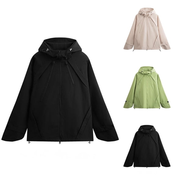 Sentmoon Mens Jackets Winter Solid Color Long Sleeve Drawstring Hooded Neck Men Coat Plus Size Zipper Windbreaker Waterproof Mens Clothes with Pockets Fall Fashion for Commuting and Bike Riding