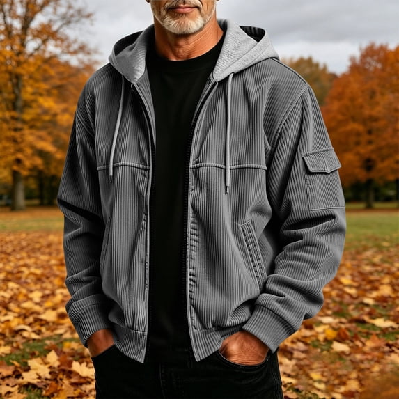Sentmoon Mens Lightweight Jackets Causal Fashion Stylish Hoodie Solid Color Corduroy Zipper Pocket Long Sleeve Cardigan Fall Coats