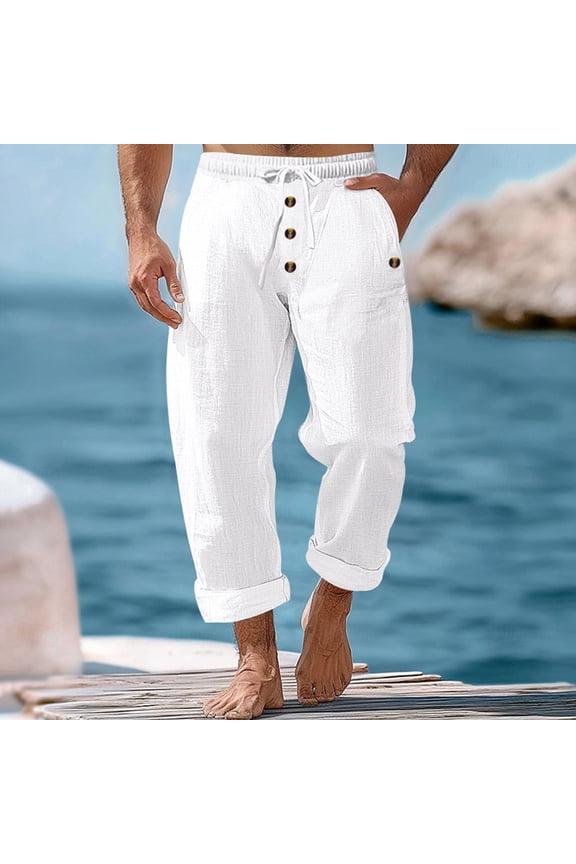 Mens Linen Pants Elastic Waist Drawstring Loose Fit Casual Pants Pockets Rolled Hem Button Detail Solid Color Lightweight Baggy Pants Active Male for Summer Leisure Wear White L